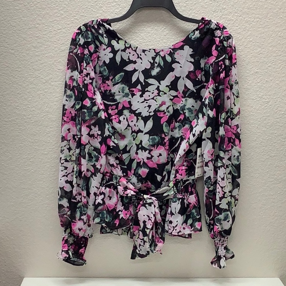 NWT Bar III Floral Smocked Long Sleeve Ruffle Blouse - Picture 5 of 6